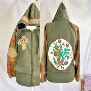 Upcycled Hoodie Sz M Plaid Flannel Sleeves Feral Grunge Forestcore Eclectic Art